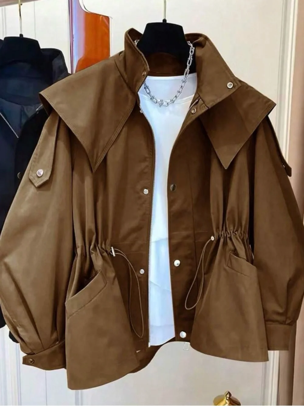 SHEIN Brown Utility Drawstring Waist Jacket with Wide Collar. New. Never worn. - Picture 1 of 5